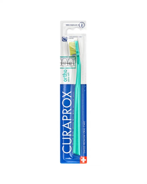 Ортодонтическая зубная щетка Curaprox CS Ultra Soft ORTHO с углублением (щетка бирюзовая/щетина зеленая)